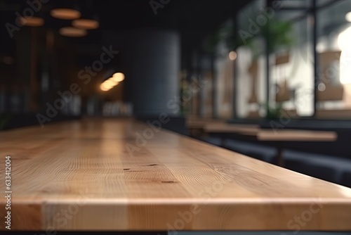 Empty wooden table space platform and blurry defocused. Generative AI.