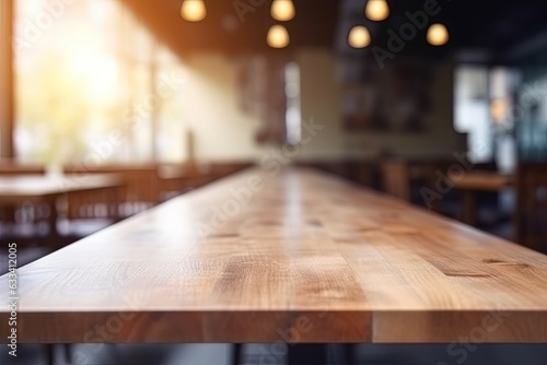 Empty wooden table space platform and blurry defocused restaurant. Generative AI.