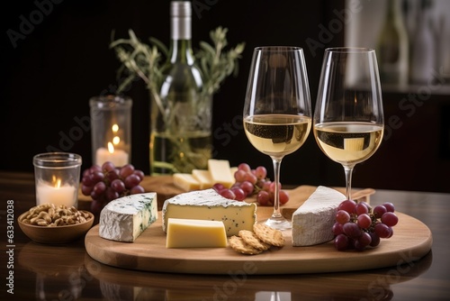 wine glasses beside an elegant cheese board arrangement