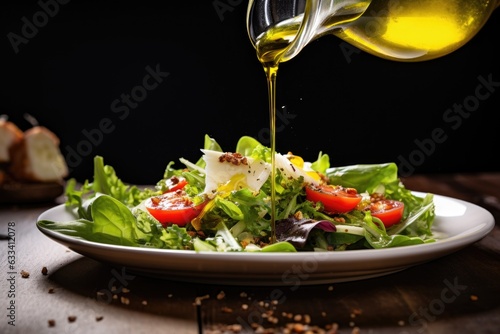 olive oil drizzling onto a fresh salad