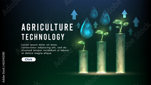 A sapling is growing on the ground with water drop.Product increase.Low polygon design.Hi-tech agriculture technology concept glowing green tones on hexagon dark background.Vector illustration.