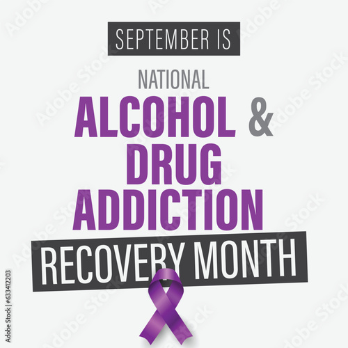 September is National Alcohol & Drug Addiction Recovery Month banner. Sleek design on off-white background with purple ribbon.