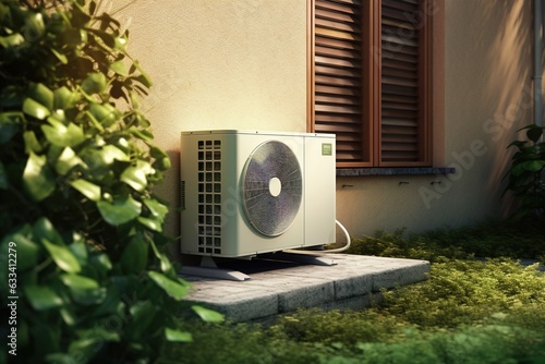 Heat pump near the house. Generative AI.