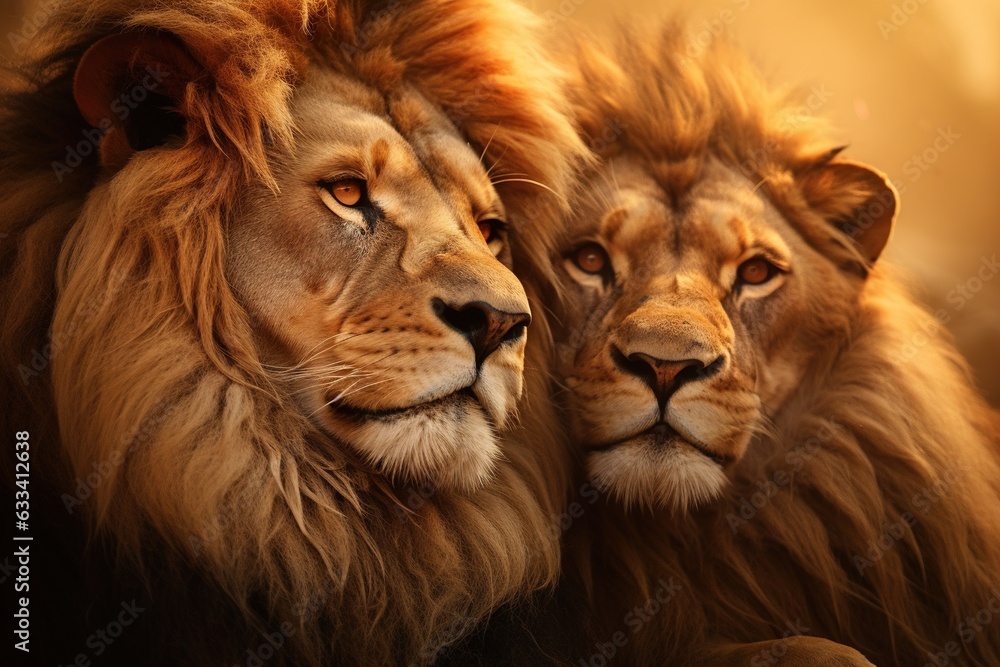 Majestic African lion couple loving.Generative AI. Majestic African lion couple loving.Generative AI.