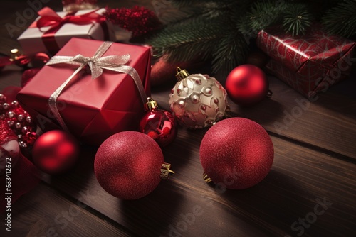 Christmas gifts on wooden table. Generative AI.