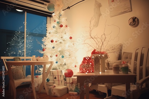 The inside of a home is adorned with festive Christmas decorations. Generative AI.