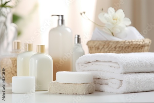 Toiletries soap towel creams and lotions. Generative AI.