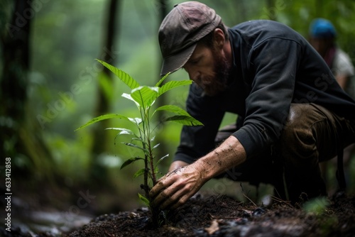 hand planting a sapling in a rainforest restoration project