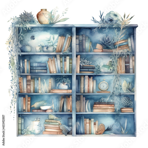 Watercolour Soft Blue Bookworm set, clipart bundle, aesthetic, bookshelf, bookcase, , interior, png, library, fantasy made with AI generative technology