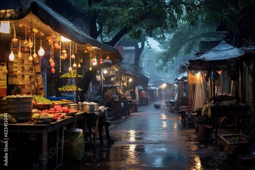 Rainy evening in the city near a tea stall. Generative AI.