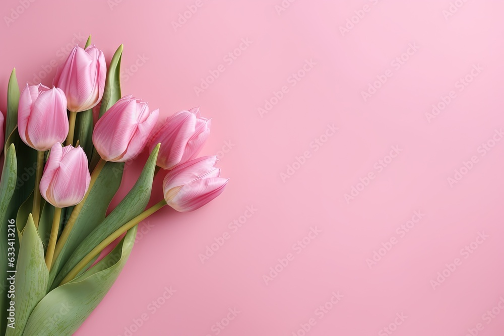 Spring tulip flowers on pink background top view. Generative AI. Spring tulip flowers on pink background top view. Generative AI.