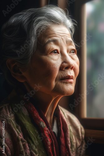 Portrait of elderly chinese woman, indoors, looking out window with contemplative expression