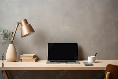modern minimalist desk setup with laptop, lamp, and stationery