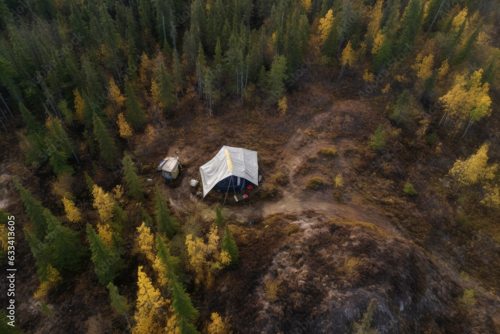 aerial view of a tent in a remote wilderness area
