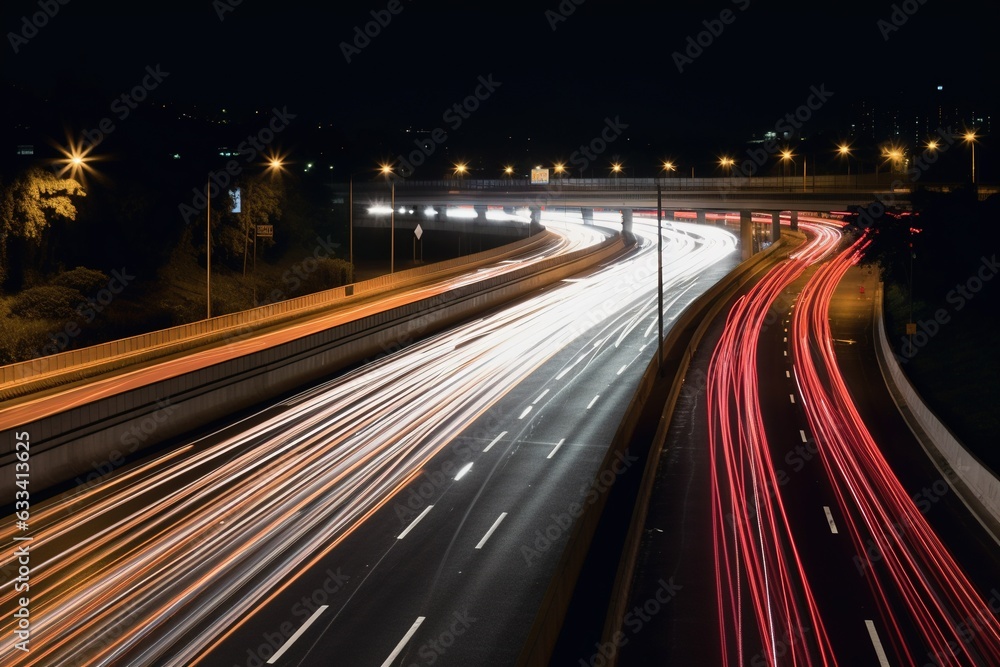 Traffic on the highway at night. Generative AI.