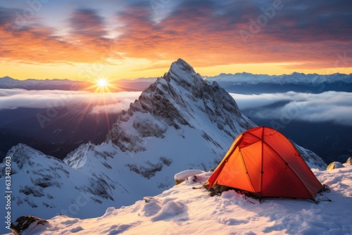 tent pitched on a snowy mountain with a sunrise backdrop © Natalia