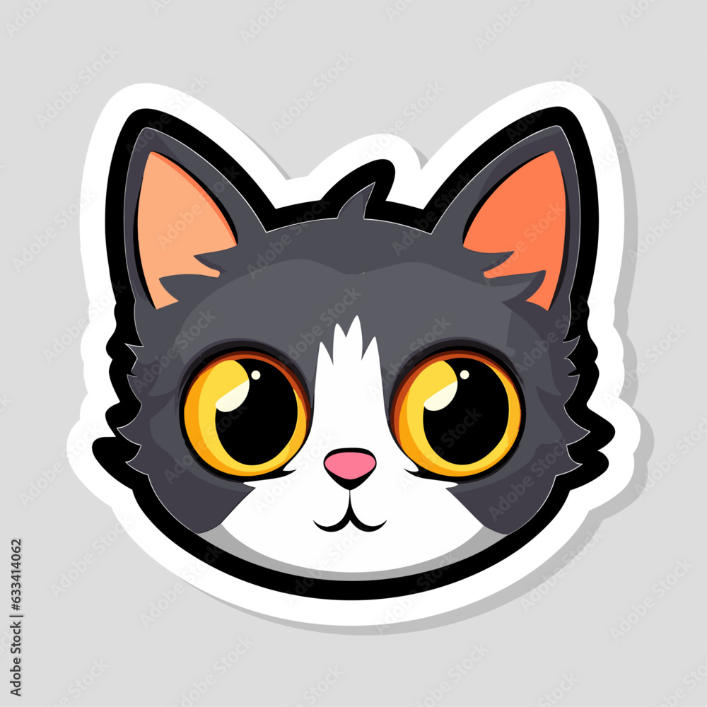 Funny cat face isolated on white sticker. Cute cat character face with big eyes, animal trendy vector illustration. Gray black color
Funny cat face isolated on white sticker. Cute cat character face with big eyes, animal trendy vector illustration. Gray black color