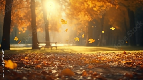 autumn background with fallen leaves and park © Aghavni