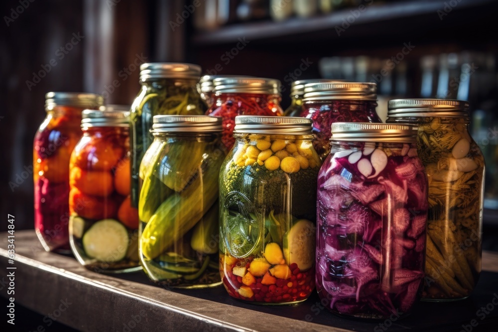 close-up of glass jars filled with pickled vegetables close-up of glass jars filled with pickled vegetables