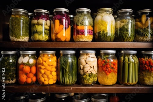 close-up of pickled vegetables in glass jars