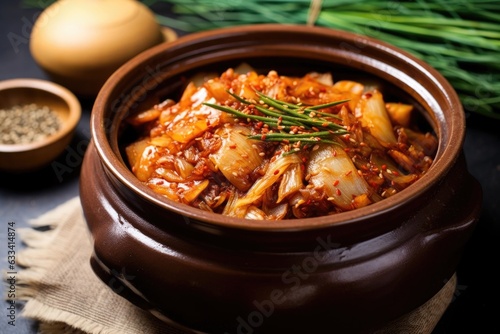 fermented kimchi in a traditional korean earthenware pot