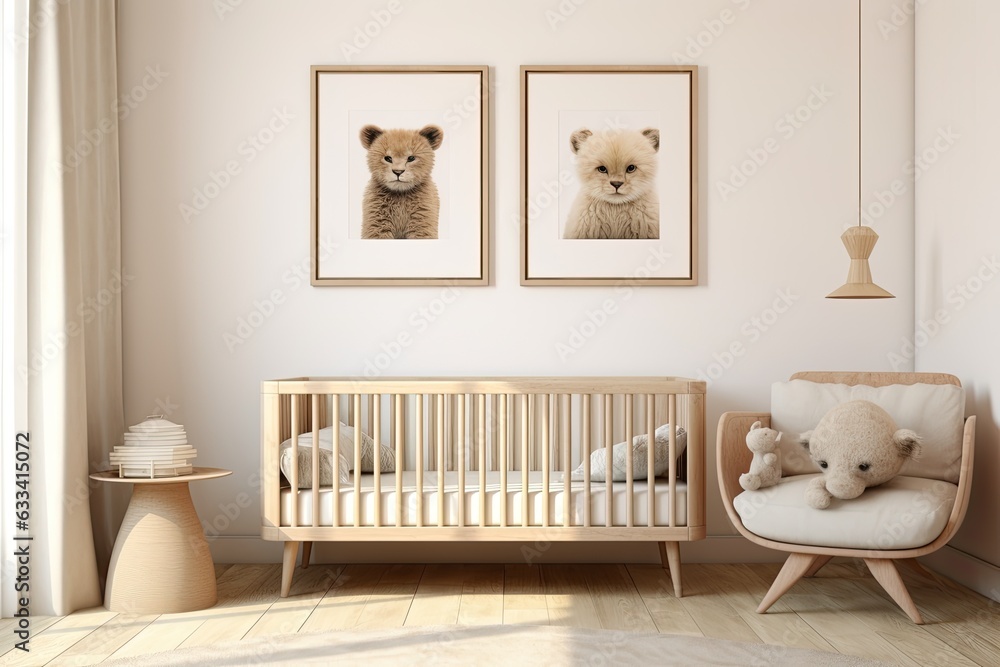 Mockup Of wall frame in a childrens room, showcasing a nursery interior with a blend of boho, Scandinavian, and eco styles. This is a rendering and illustration. Mockup Of wall frame in a childrens room, showcasing a nursery interior with a blend of boho, Scandinavian, and eco styles. This is a rendering and illustration.