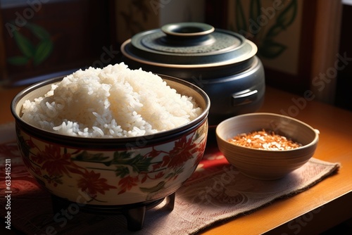 cooked rice in decorative bowl next to rice cooker