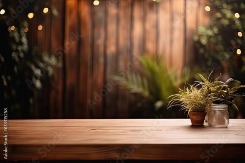 An empty wooden table is displayed in a   with a blurred background that includes curtains and plants.