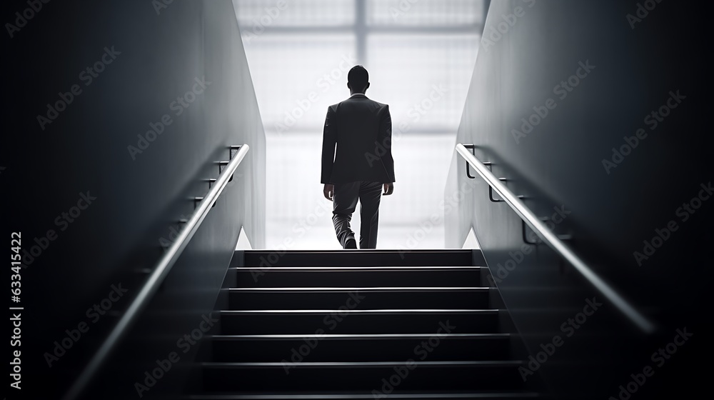 Ambitious Businessman Climbing Stairs to Success Career Path and Future Planning Concept