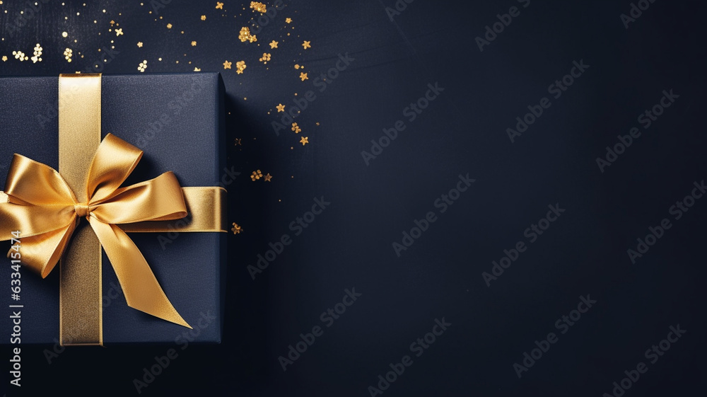 gift and golden ribbon on dark blue background gift and golden ribbon on dark blue background