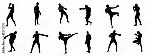 Silhouette  set of mixed martial art mma fighter. Muay thai, wrestling, jujitsu, kick boxing, taekwondo and boxing. Vector illustration