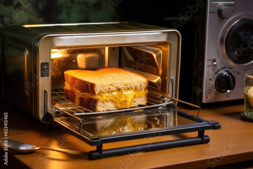 toaster oven with a melted cheese sandwich inside