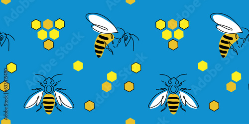 Bees and honeycombs seamless pattern, texture, background in yellow and blue colors. Vector pattern for ukrainian honey label design. One continuous line art drawing of the flying bee