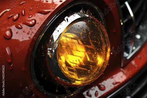 detail of car headlight with water droplets