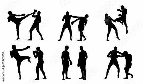 Silhouette  set of mixed martial art mma fighter. Muay thai, wrestling, jujitsu, kick boxing, taekwondo and boxing. Vector illustration