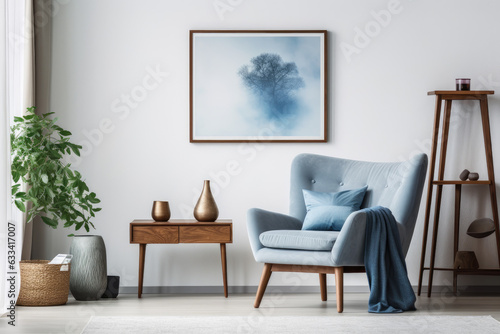 Blue armchair near wooden coffee table against of white wall with big art canvas poster frame. Mid-century interior design of modern living room. Created with generative AI