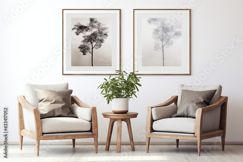 Gray chairs and posters, frames on gray wall. Interior design of modern living room. Created with generative AI © Prime Lens