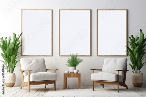 Interior design of modern living room with armchairs against grey wall with mock up posters