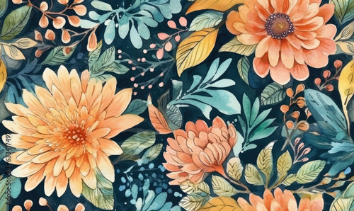 Seamless beautiful watercolor flowers pattern. Generative AI