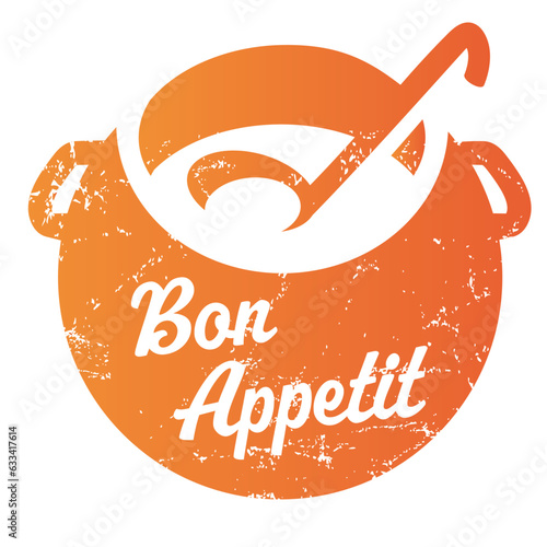Button in Form Kochtopf mit Schrift Bon Appetit