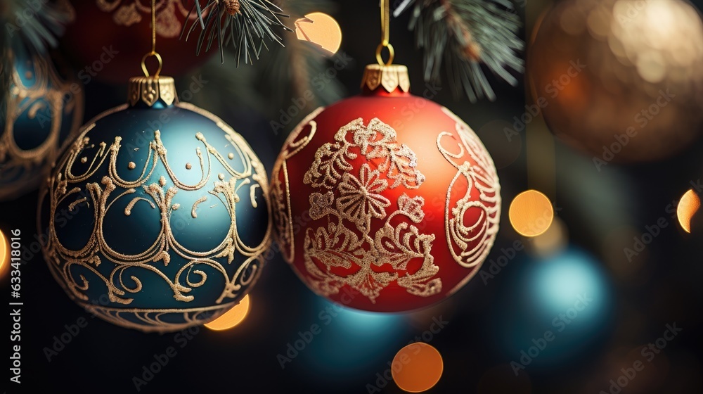 close-up arrangement of Christmas balls, on a Christmas tree branch Christmas card Merry Christmas and Happy New Year background close-up arrangement of Christmas balls, on a Christmas tree branch Christmas card Merry Christmas and Happy New Year background