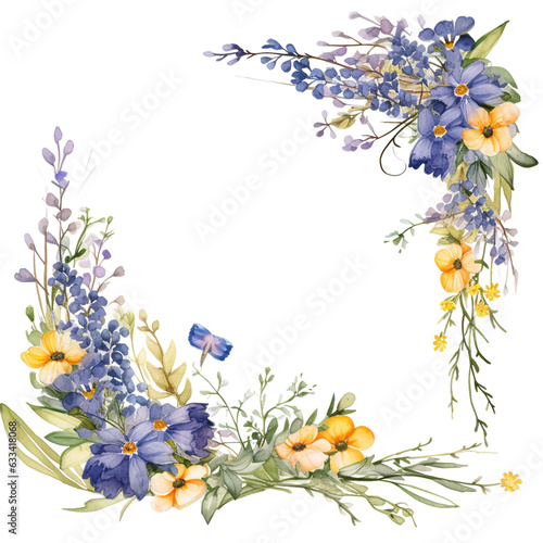 Fototapeta Naklejka Na Ścianę i Meble -  bouquet of flowers frame in two corner leaving huge blank white space, negative space for text, watercolor clipart isolated
