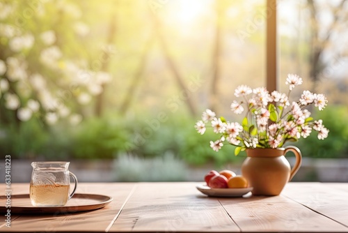 Wooden kitchen table top with front focus, blurred background of breakfast tablewear, windowframe, and vase with garden flowers. Text space available. photo