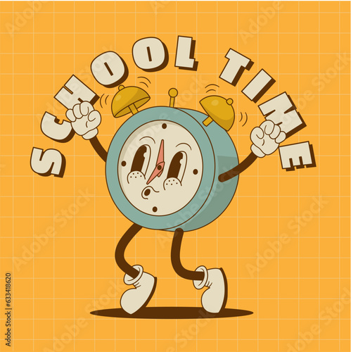 Welcome Back. School time. Funny retro alarm clock mascot poster, banner, print. Cartoon wake up clock character vector illustration. Nostalgia