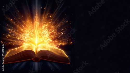 Photo Holy bible with magic glows In the dark background, Shining Holy Bible on black