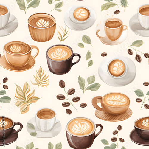 Seamless patterns of various coffee  chocolate and whipped cream on glass in cafe. Watercolor illustration cup of drink background  Generative AI