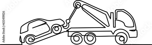 Tow truck lift broken car using crane. Continuous one line drawing.