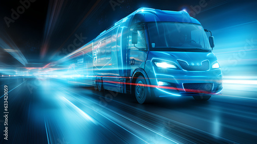 Ambulance driving on highway at night, car headlight light trail speed motion blur,futuristic logistic transportation background