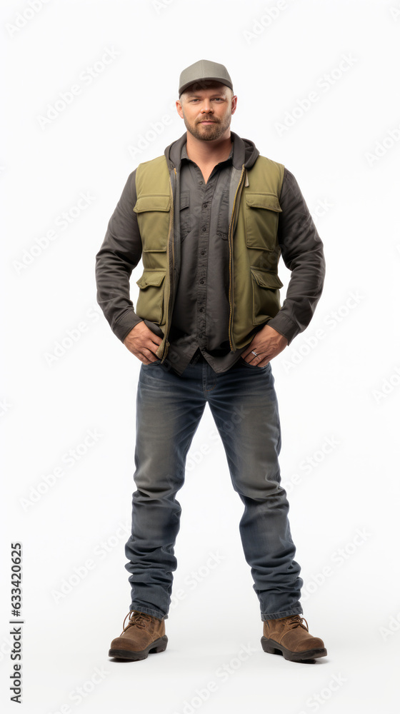 Full shot of professional looking 32 year old male. Work, job, outfit. Isolated on white background.