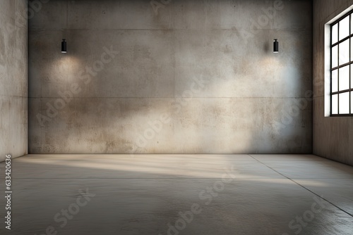 An empty hallway room with modern concrete walls  a rough floor  and a ceiling light casting shadows. This industrial interior background template is depicted in a .